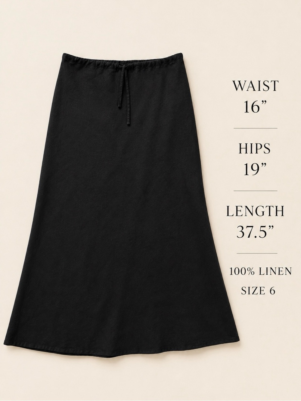 100% Linen Black Drawstring Waist A-Line Maxi Skirt 6 Warehouse - Picture 5 of 6